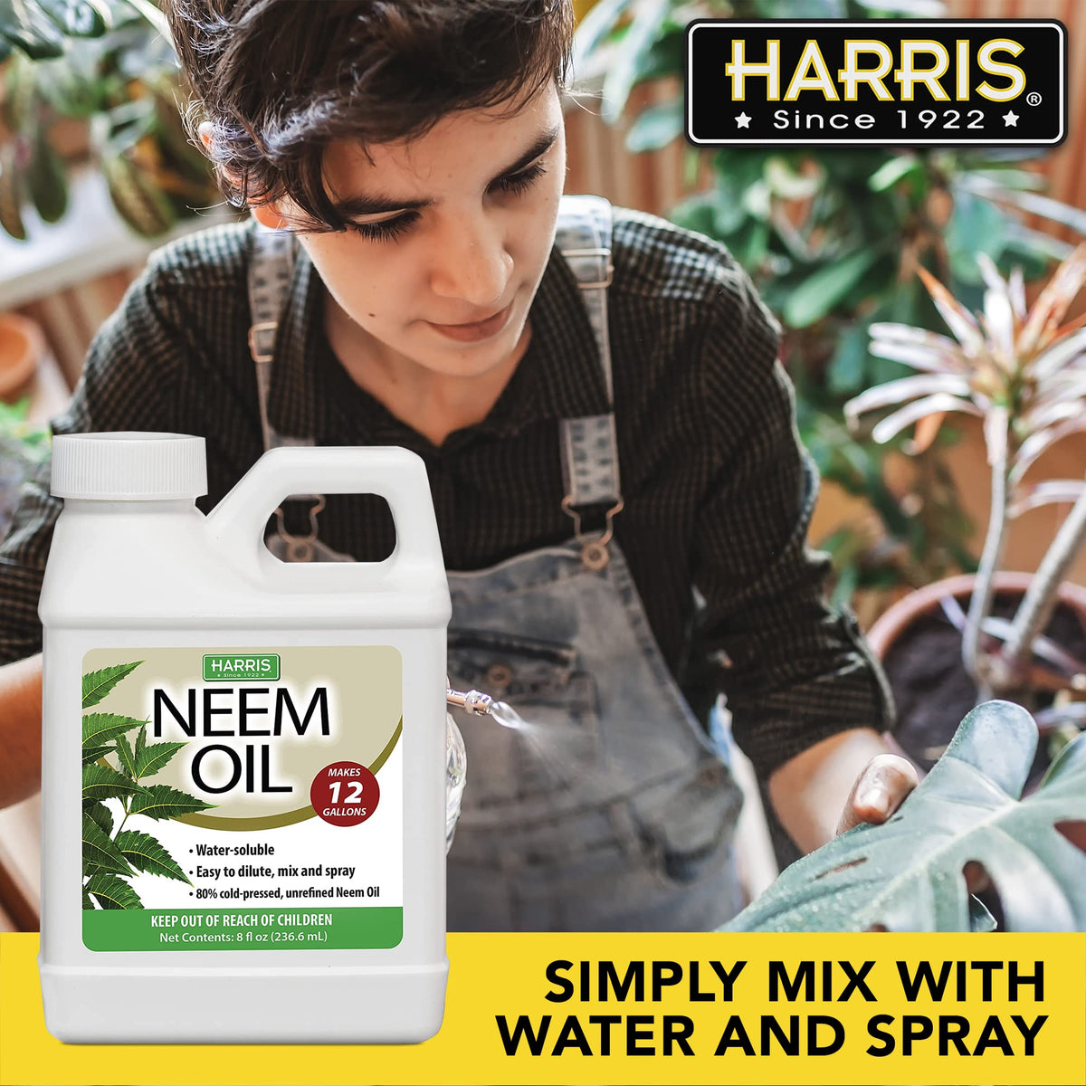 HARRIS Neem Oil label highlights 80 percent neem oil formulation.