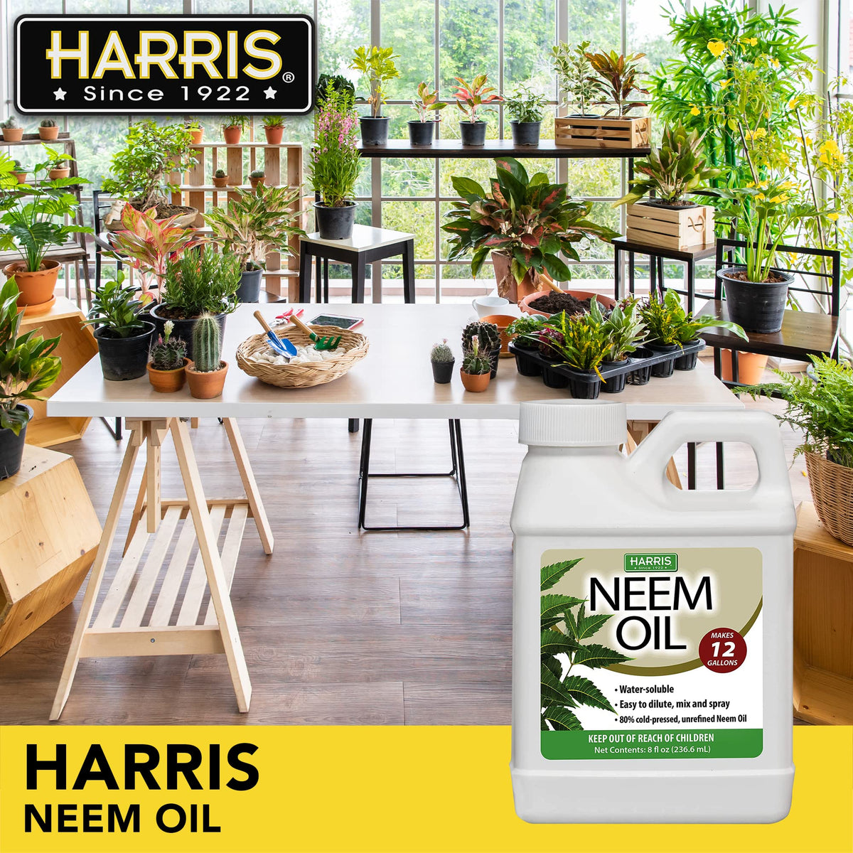 HARRIS Neem Oil spray on leaf surfaces showing even coverage for plants.