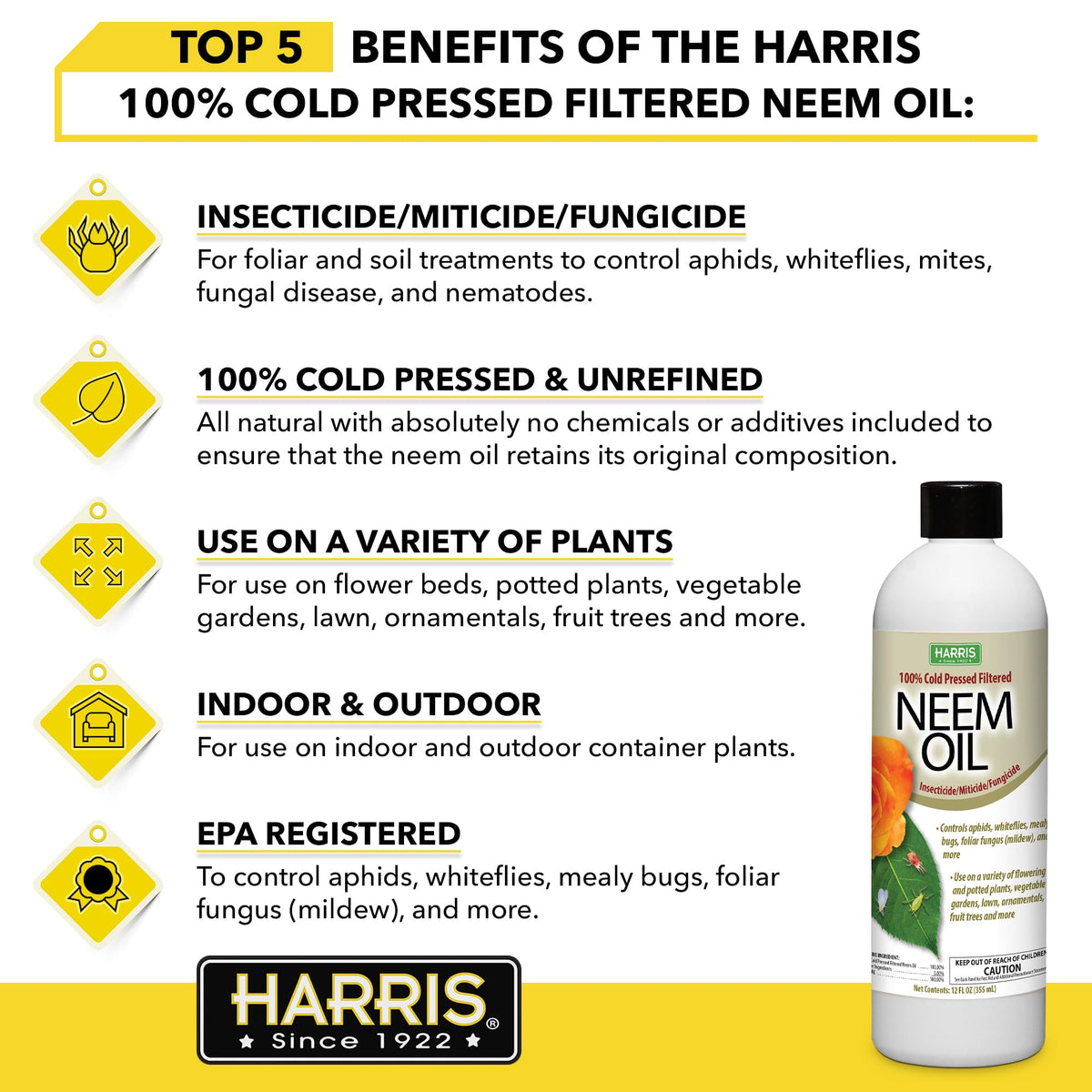 Harris Neem Oil concentrate label shows EPA registration and purity.