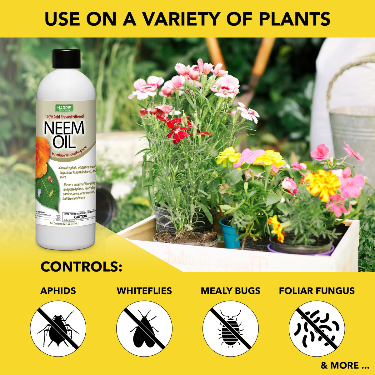 Harris Neem Oil concentrate pour demonstrates versatile 3-in-1 pest protection.