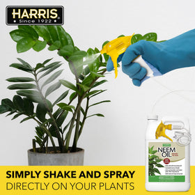 HARRIS Neem Oil Spray applied to outdoor garden leaves for vibrant greenery.