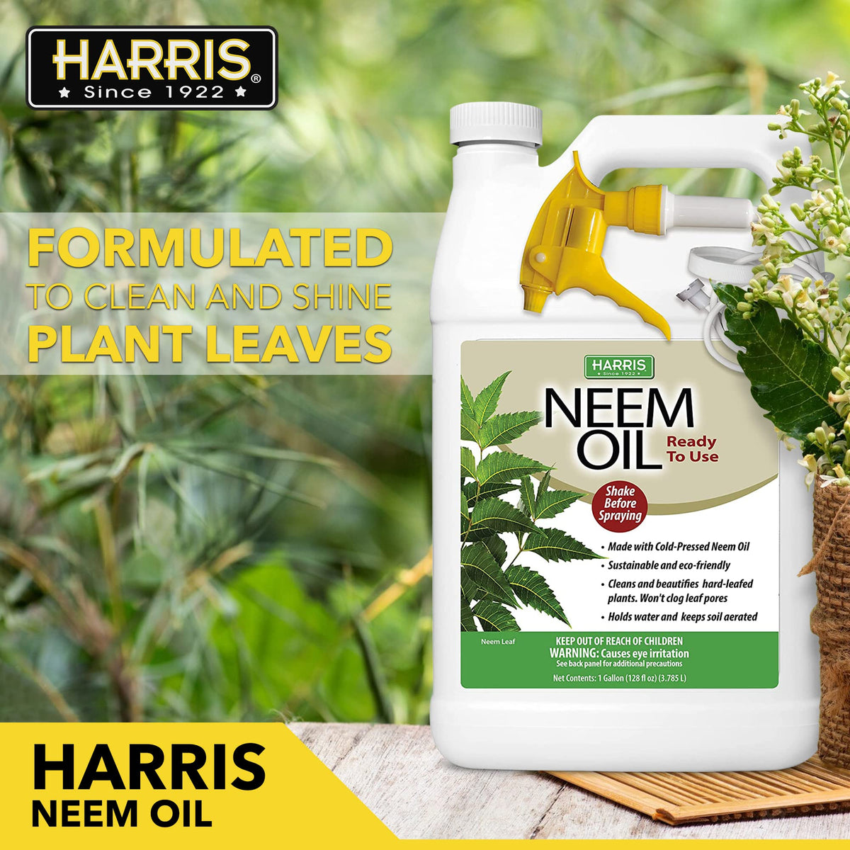 HARRIS Neem Oil Spray label details cold-pressed formula for plant care.