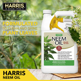 HARRIS Neem Oil Spray label details cold-pressed formula for plant care.