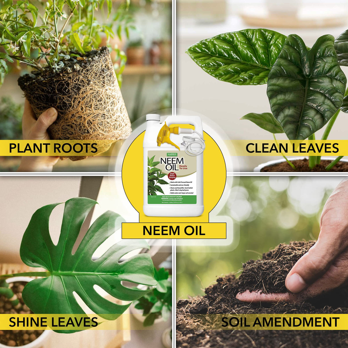 HARRIS Neem Oil Spray being misted on indoor houseplants.