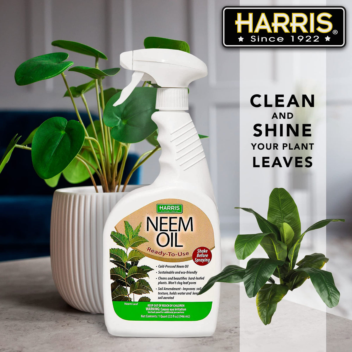 HARRIS Neem Oil Spray on foliage provides a shiny, healthy look.