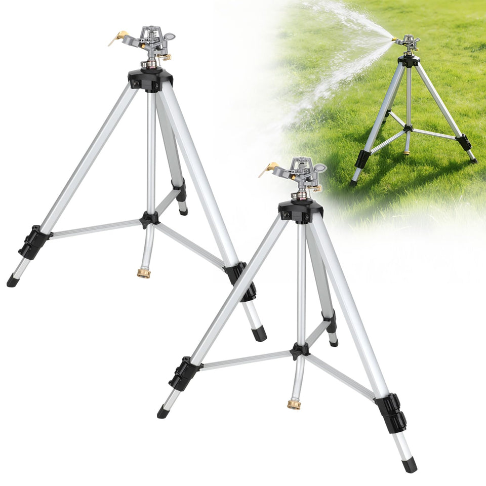 Harsire brass impact sprinkler on tripod base at 50 inch height for even coverage
