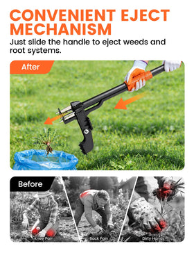 Haru Haru eject mechanism frees weeds with root for clean removal.