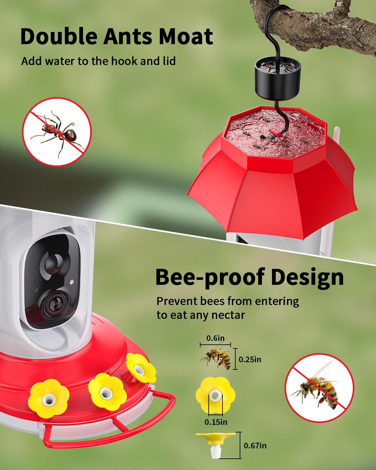 HARYMOR hummingbird feeder bee-proof ports preserve nectar quality.