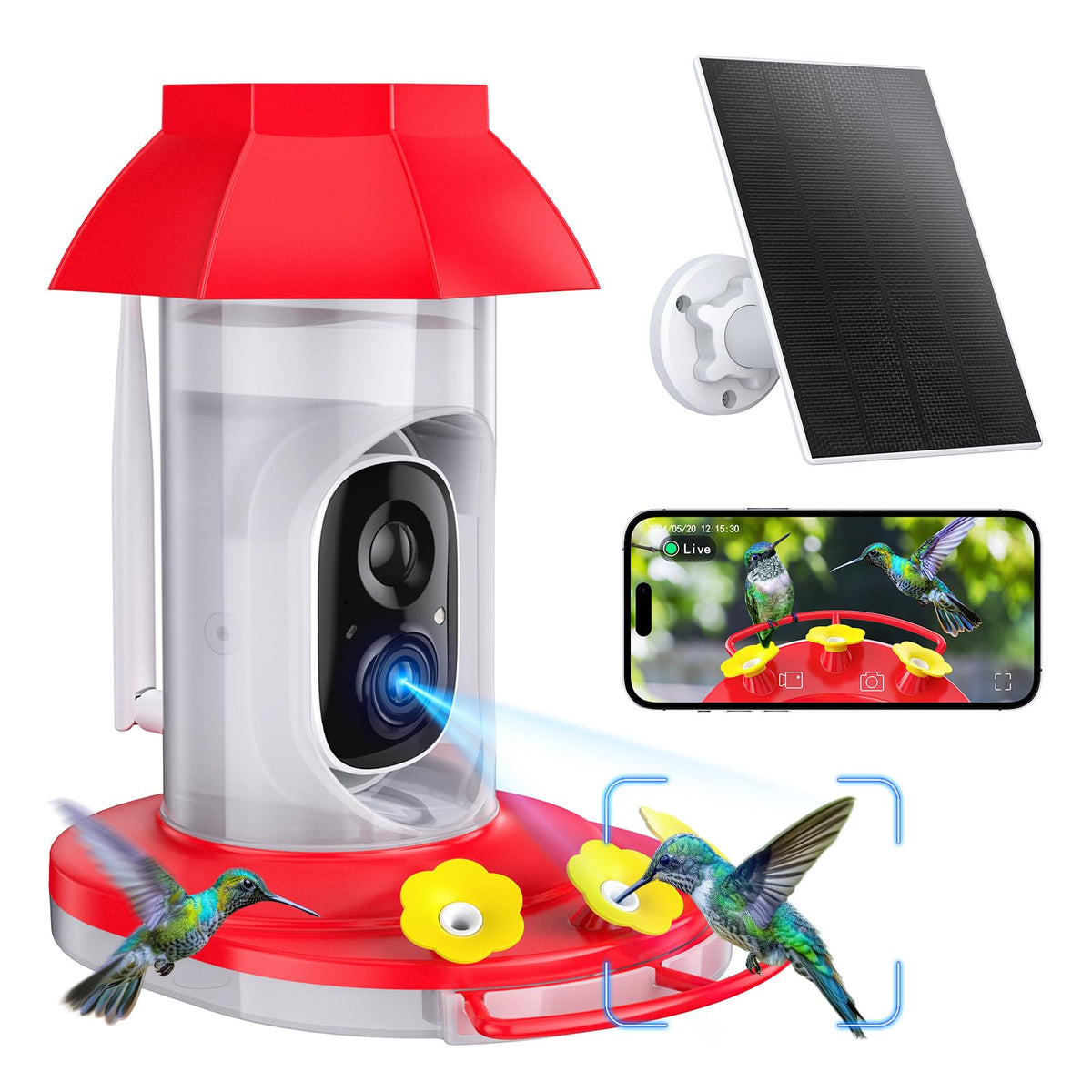 HARYMOR hummingbird feeder camera front view for real-time backyard birdwatching.