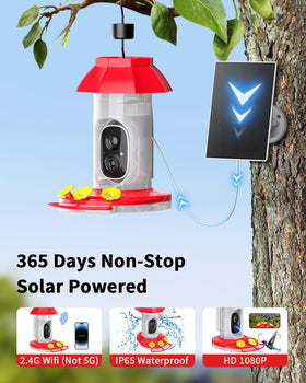 HARYMOR hummingbird feeder with solar panel powering continuous outdoor use.