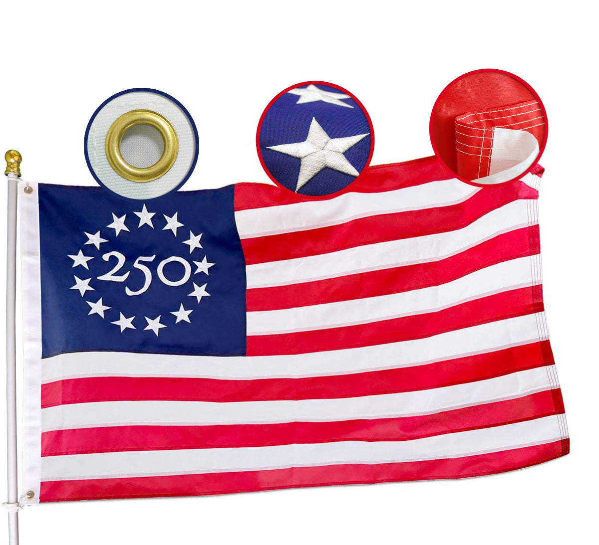 HASRLWINS heavy-duty 250th flag with 13-star embroidery for durable outdoor display.
