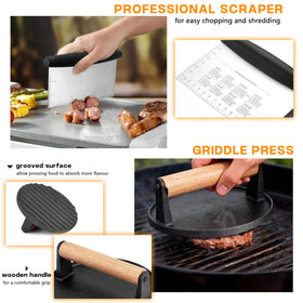 HaSteeL BBQ tong used to safely flip and move food on a flat top.