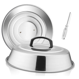 HaSteeL cheese melting dome set on a flat top grill, trapping heat for even melting.