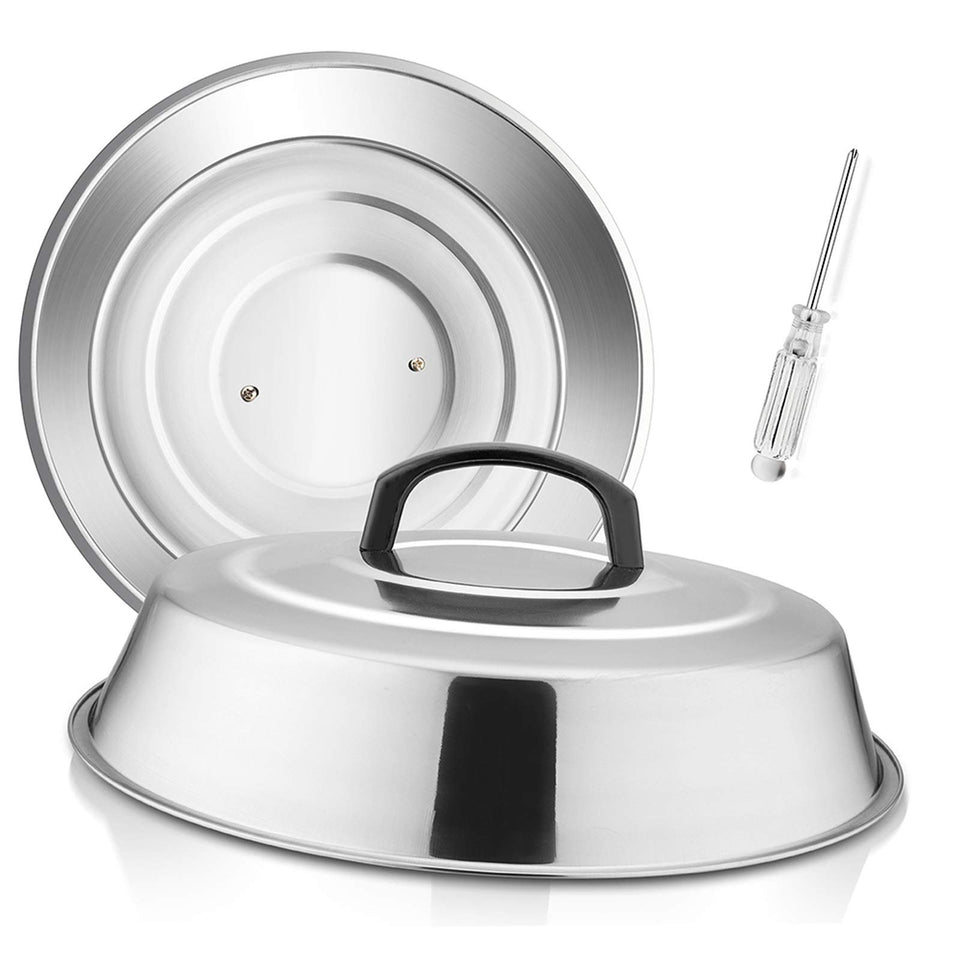 HaSteeL cheese melting dome set on a flat top grill, trapping heat for even melting.