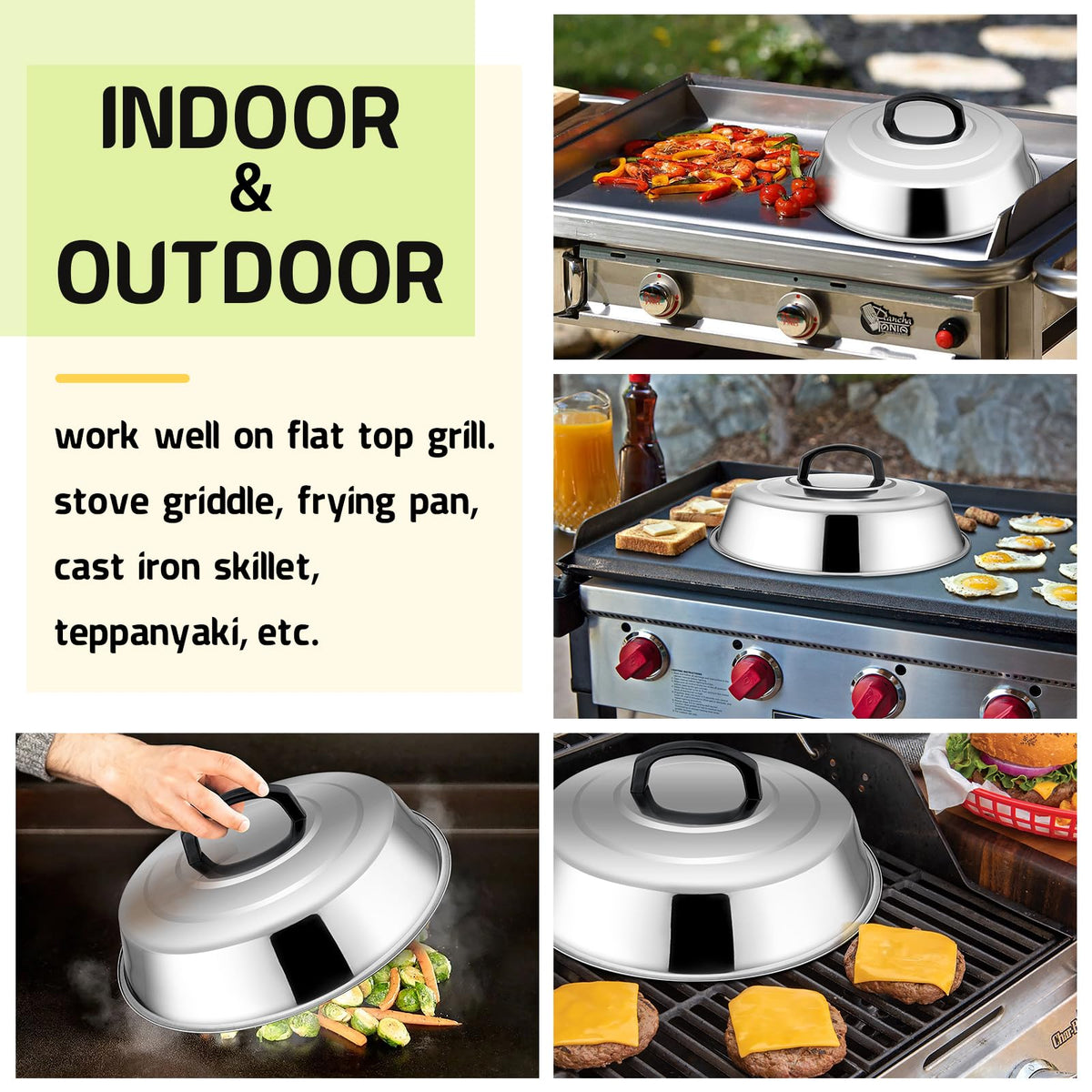 HaSteeL dome fits stove, griddle, and teppanyaki for versatile cooking.