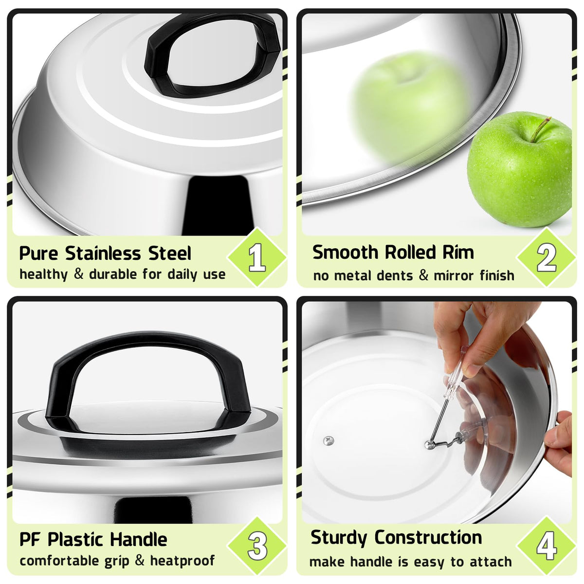 HaSteeL stainless steel dome with ergonomic handle, safe lifting during cooking.