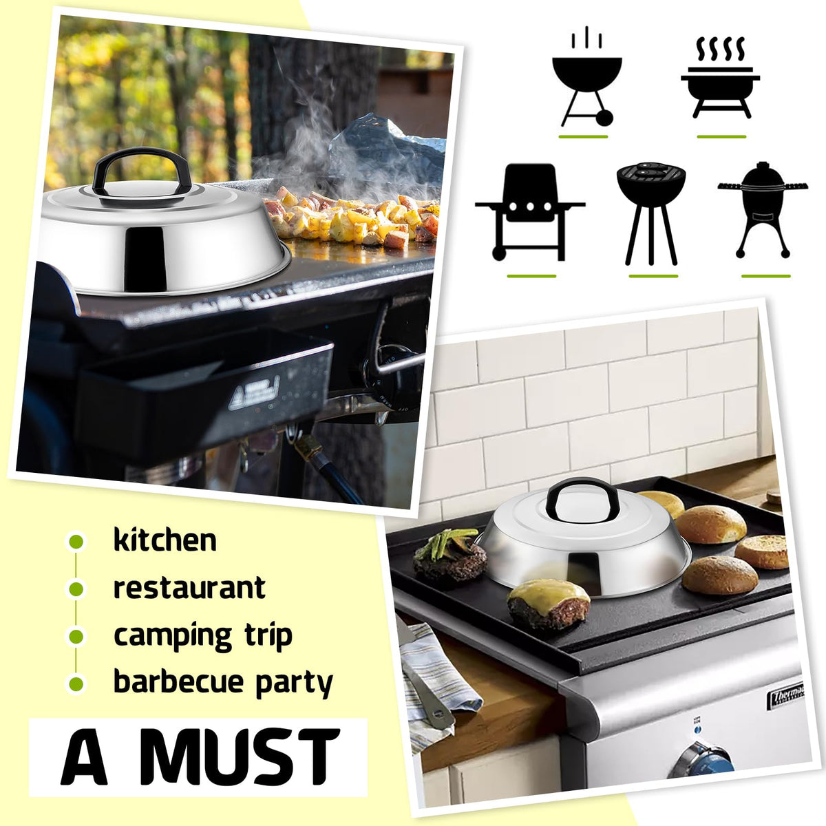 HaSteeL dome on flat top grill helps reduce splatter and flare-ups.