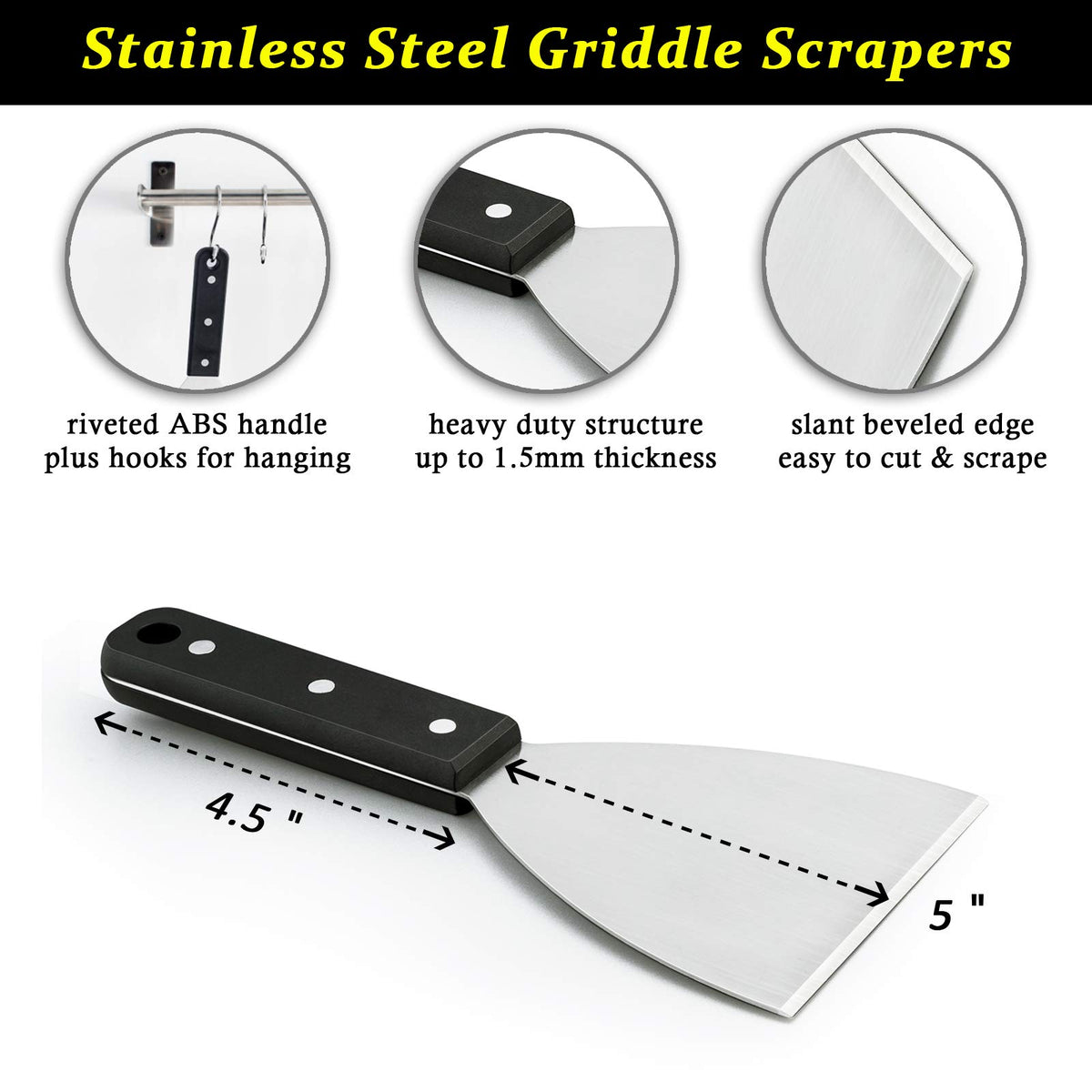 HaSteeL Griddle Scraper close-up on beveled edge highlights precise cutting.