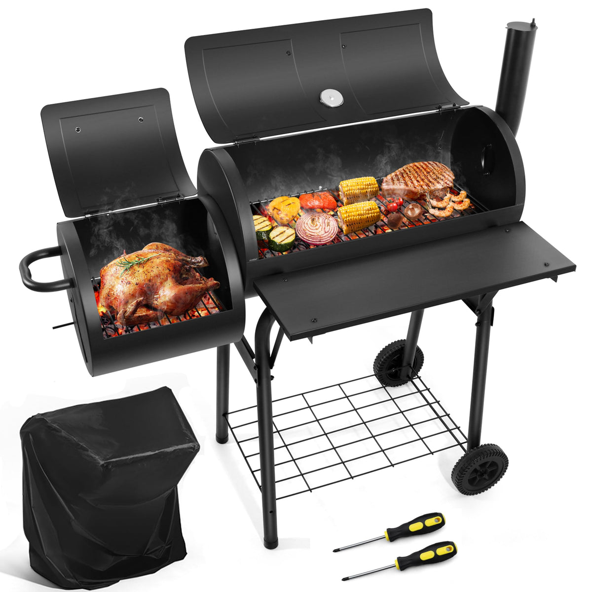 HaSteeL outdoor charcoal grill with cover protecting the grill from weather and dust.