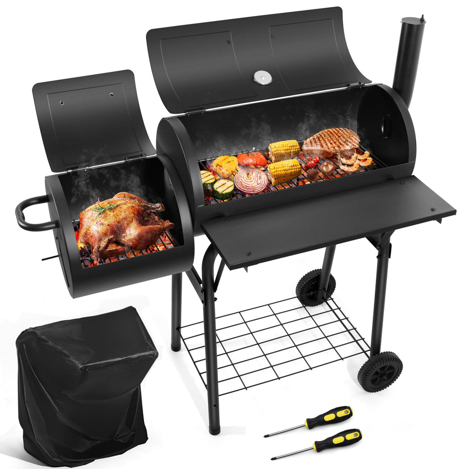 HaSteeL outdoor charcoal grill with cover protecting the grill from weather and dust.