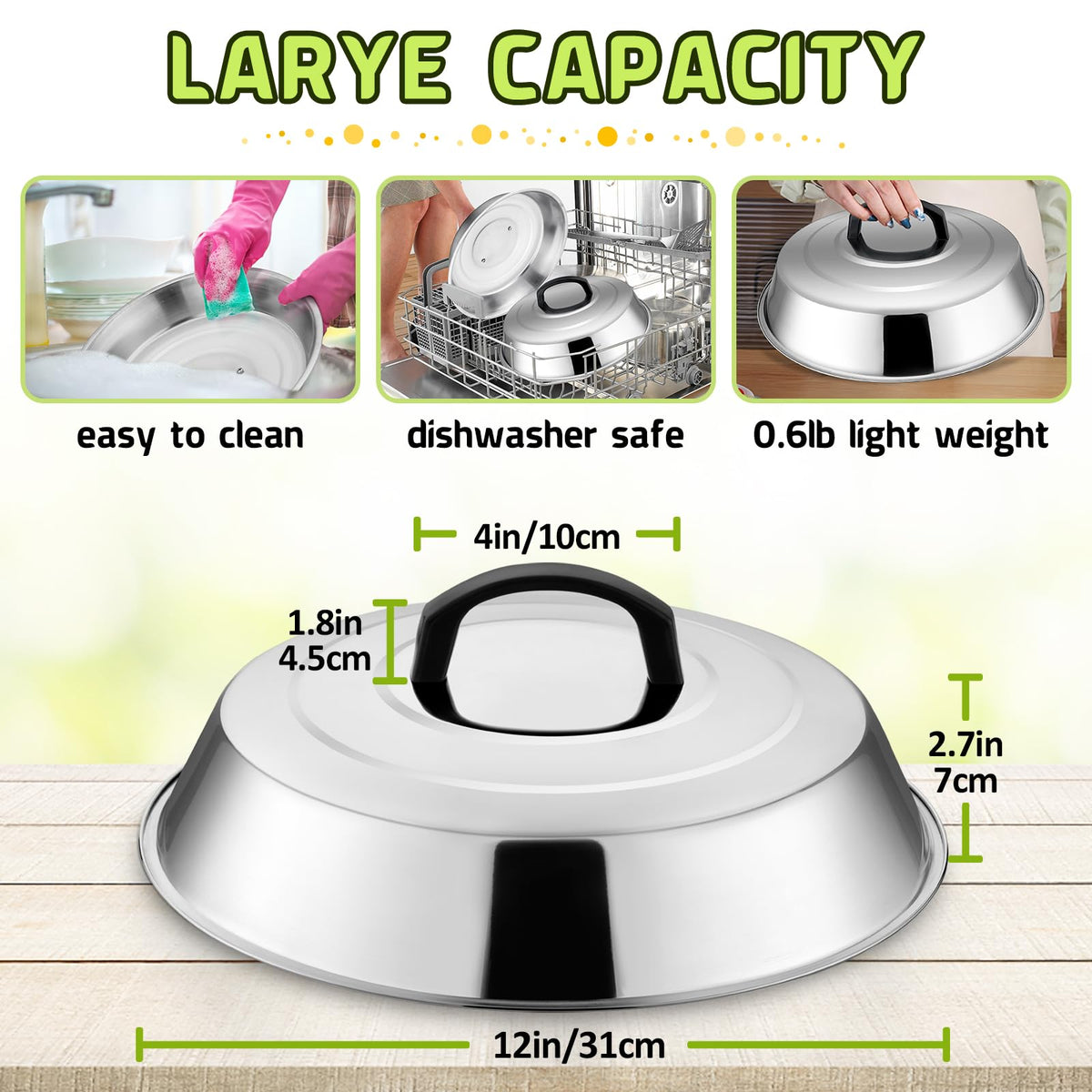HaSteeL 12-inch cheese melting dome over burgers, ready to melt cheese evenly.
