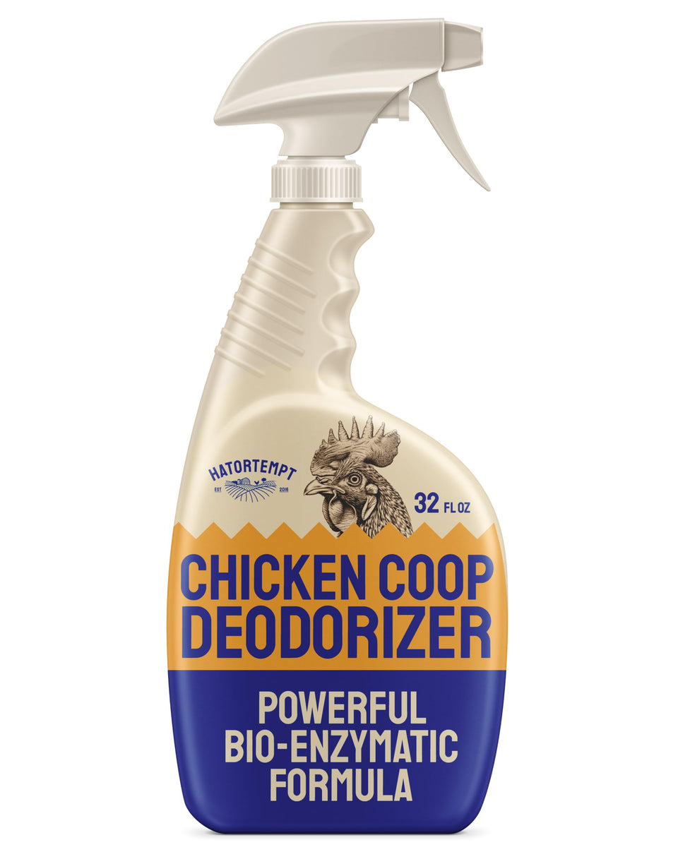 Hatortempt chicken coop deodorizer bottle with unscented formula for odor control.