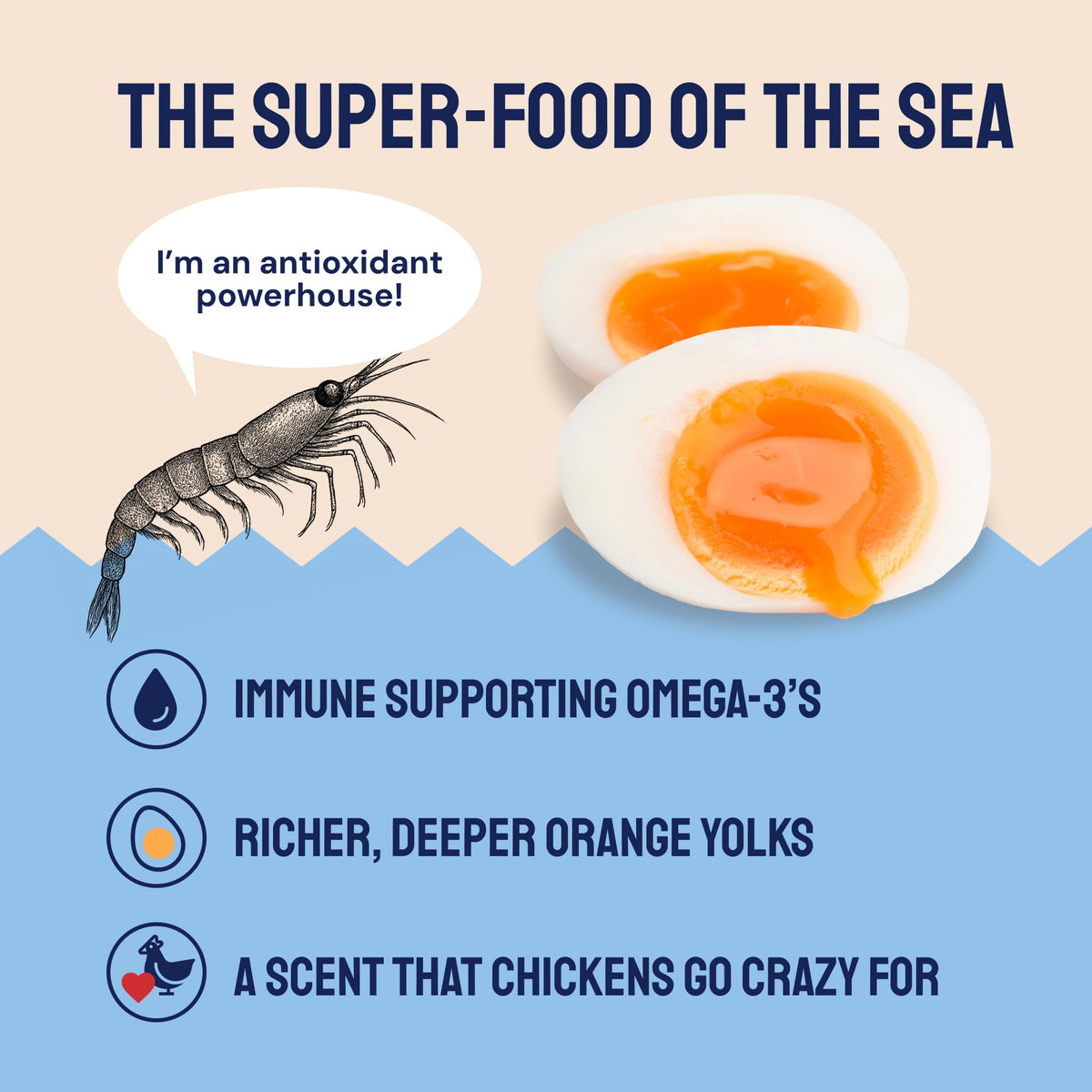 Hatortempt Surf & Turf krill adds omega-3s to yolks during laying.