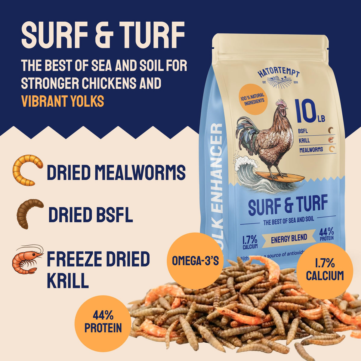 Hatortempt Surf & Turf mealworms appear whole and crisp for hens' meals.