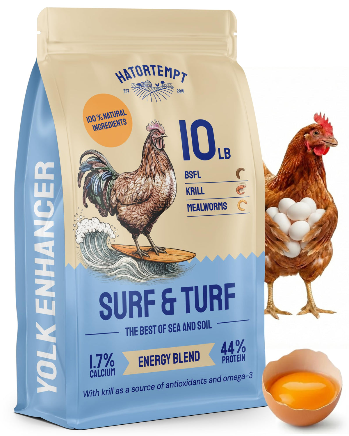 Hatortempt Surf & Turf packaging showing a 10lb bag for long-lasting protein.