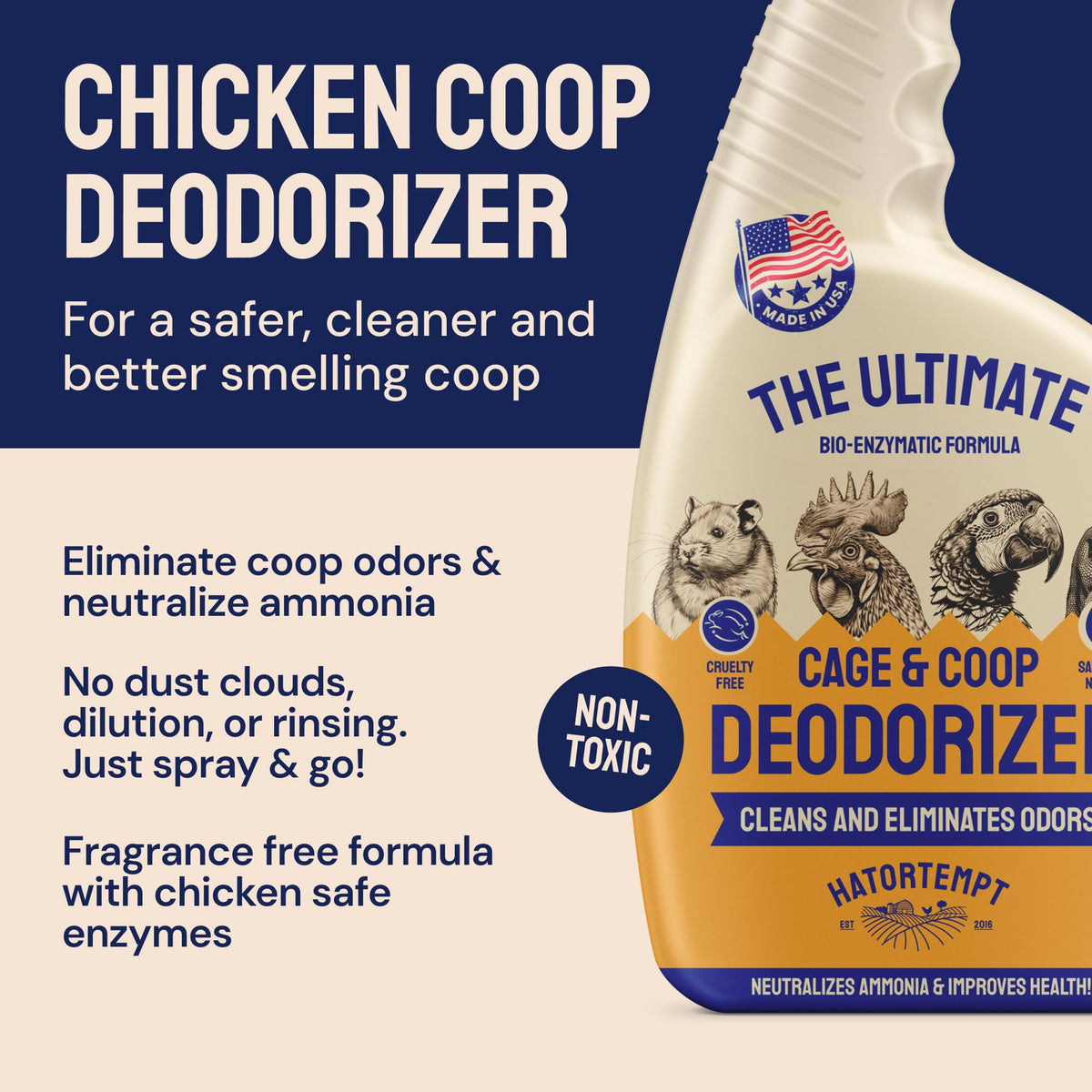 Hatortempt unscented coop spray shown for easy coop application.