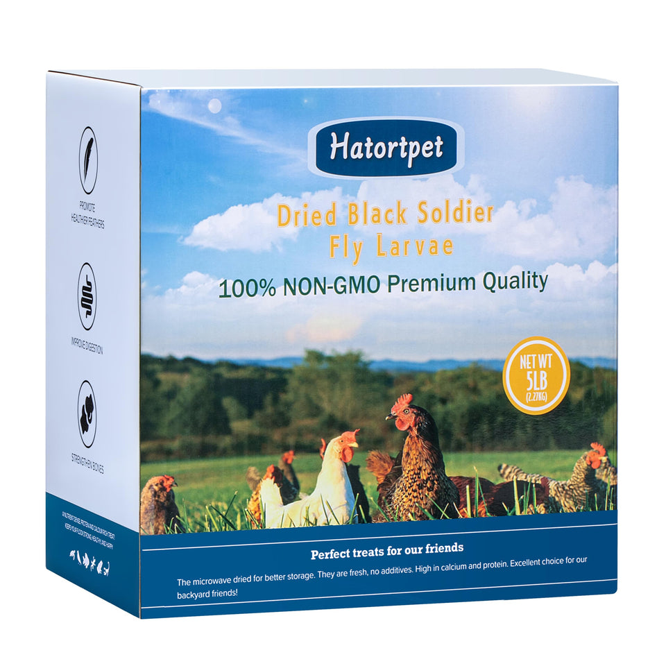 Hatortpet dried BSF larvae bag-front, a protein-rich poultry snack.