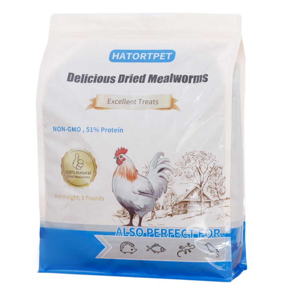 Hatortpet dried mealworms 5lb bag front highlighting protein-rich poultry feed option.