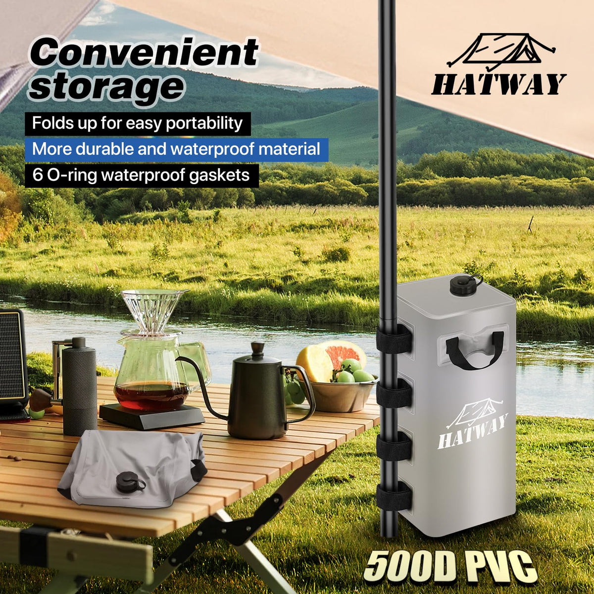 Hatway 25L water bag filled and attached to a tent leg for secure anchoring.