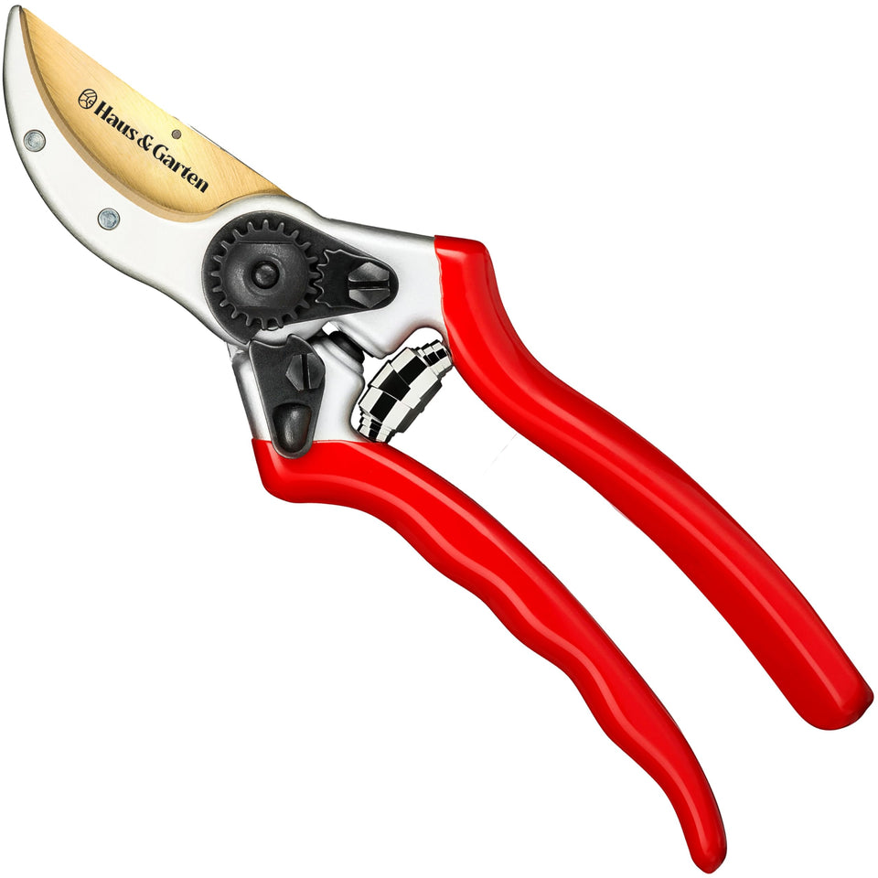 Haus & Garten ClassicPRO 8.5-inch titanium blade close-up for precise cuts.