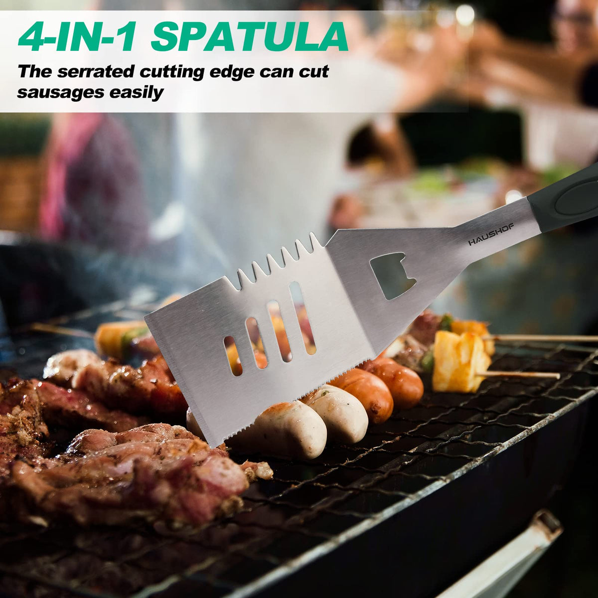 HAUSHOF 4-in-1 grill spatula, grease drain and bottle opener in one tool.