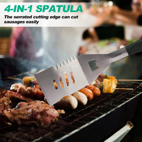 HAUSHOF 4-in-1 grill spatula, grease drain and bottle opener in one tool.