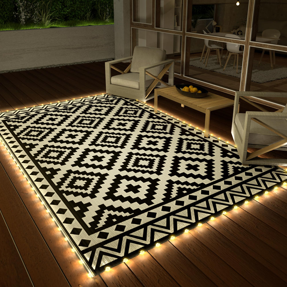 HAUSHOF 5x8 outdoor rug with LED strip light for ambient evenings outdoors