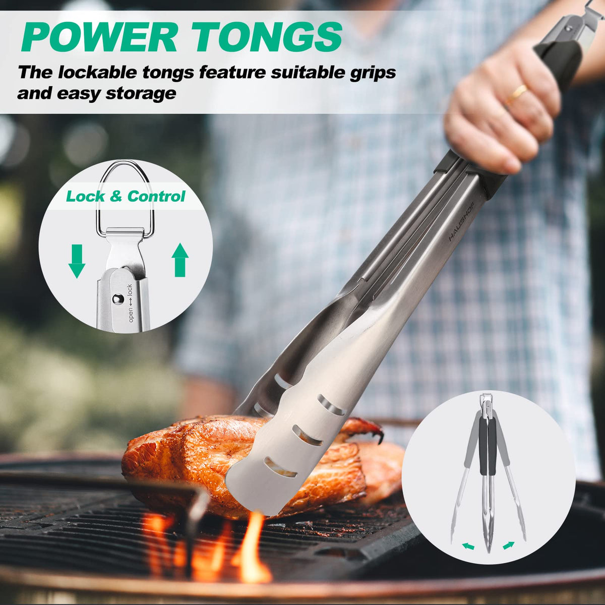 HAUSHOF grill fork, sturdy stainless steel for easy turning of thick cuts.