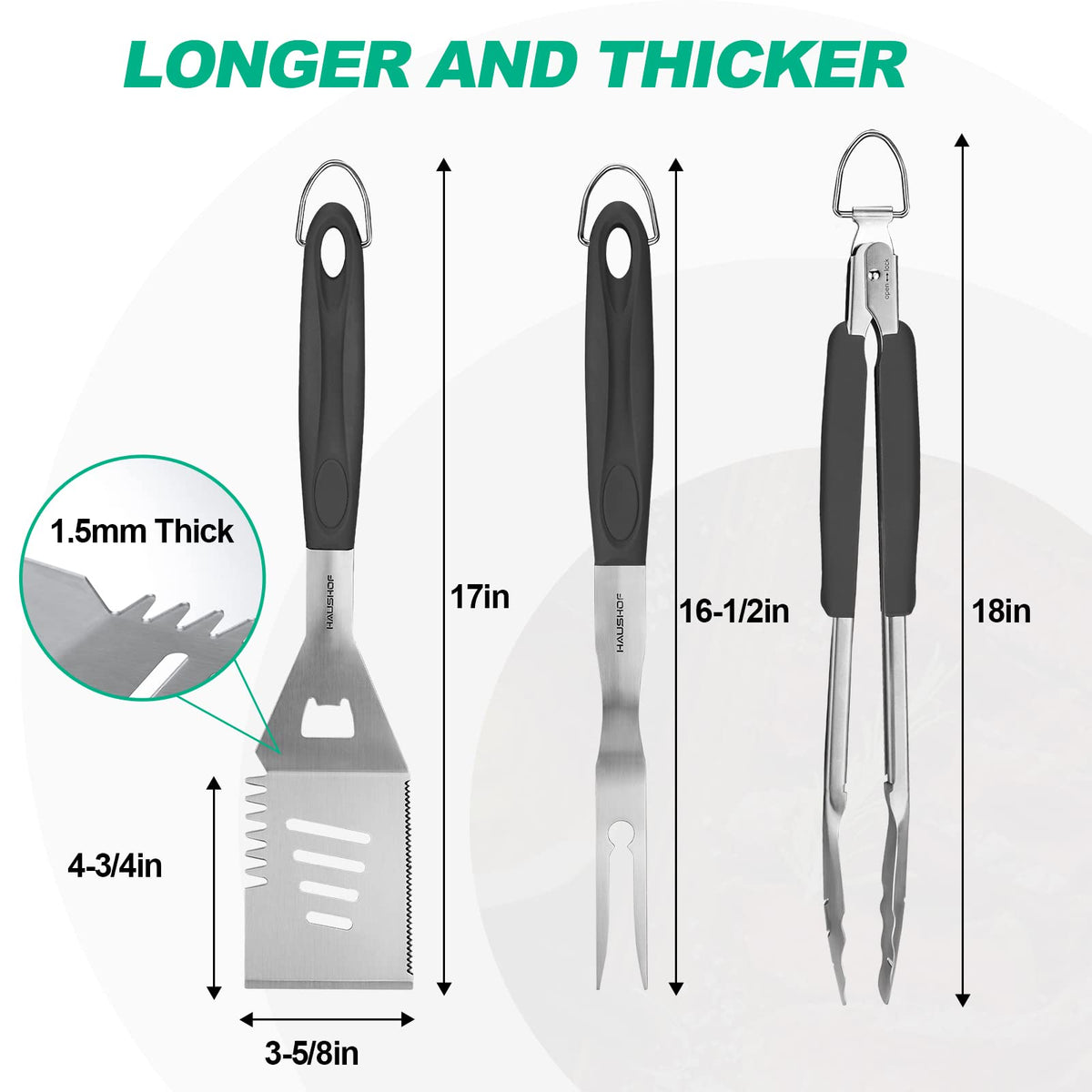 HAUSHOF heavy-duty grill tongs, secure grip and extended reach for safe flipping.