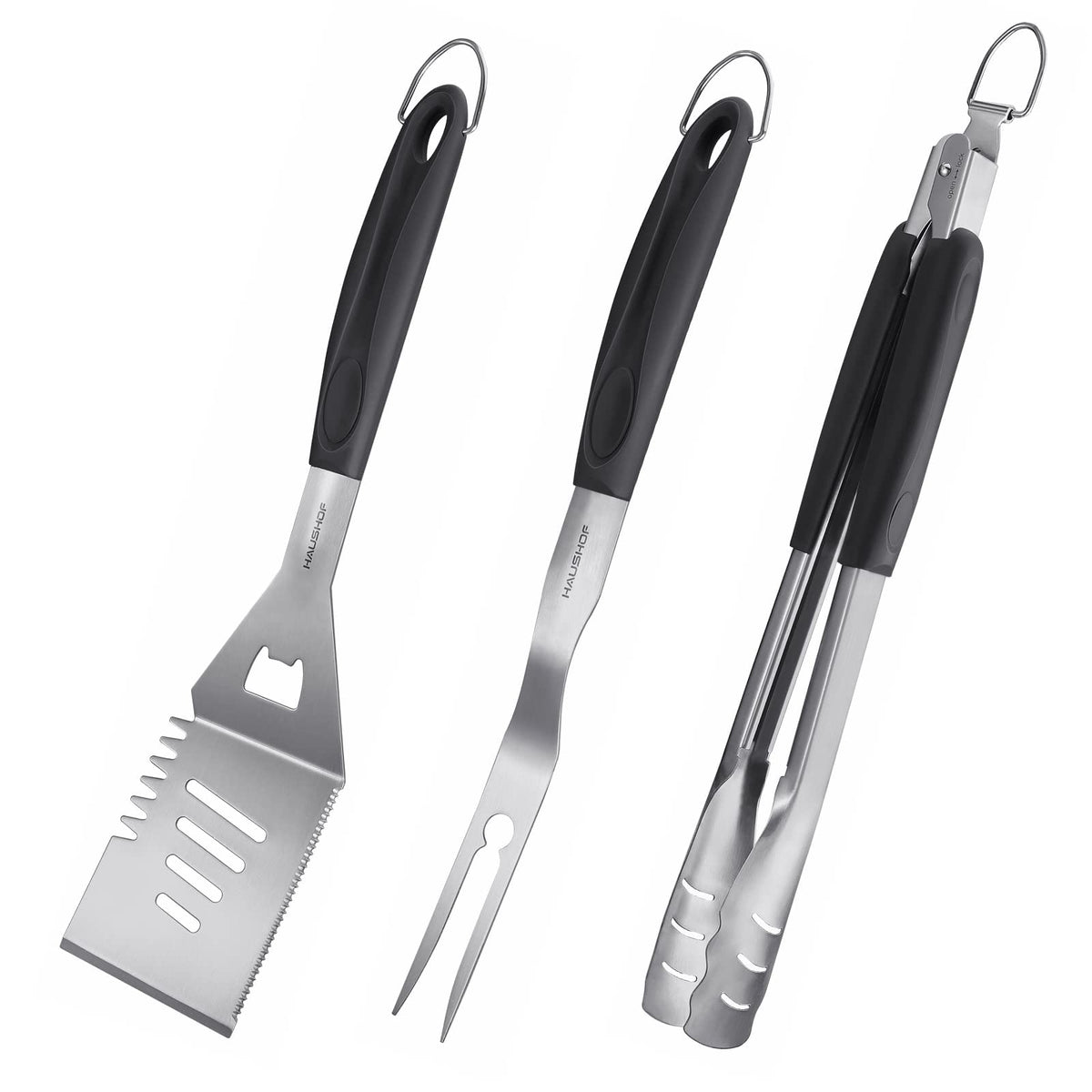 HAUSHOF large spatula for BBQ, durable stainless steel, ideal for flipping and draining grease.