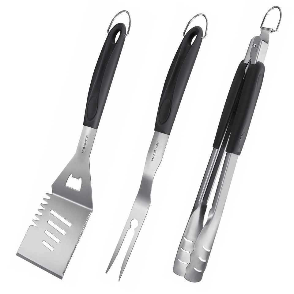 HAUSHOF large spatula for BBQ, durable stainless steel, ideal for flipping and draining grease.