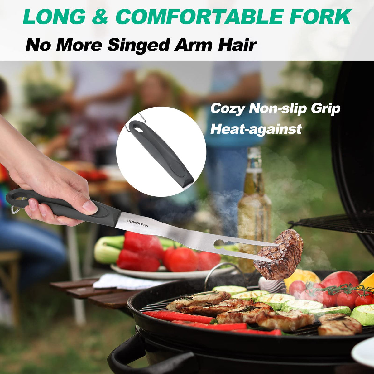 HAUSHOF lockable tongs, adjustable jaw for different grilling tasks.
