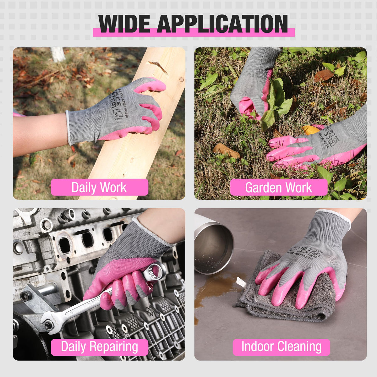 HAUSHOF pink-green gloves suitable for gardening and light restoration tasks.