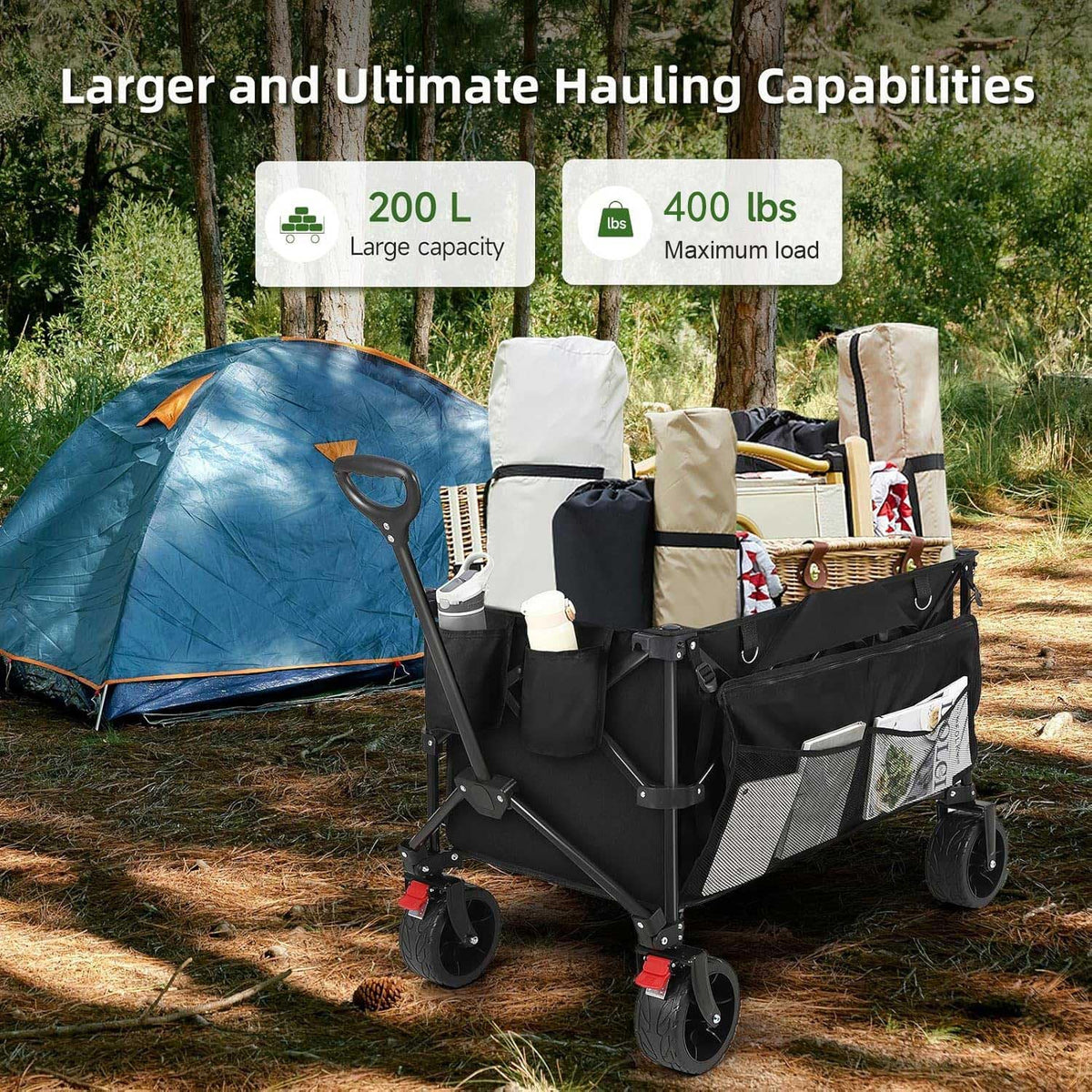 HAUSPROFI wagon showing large all terrain wheels for smooth rolling on grass