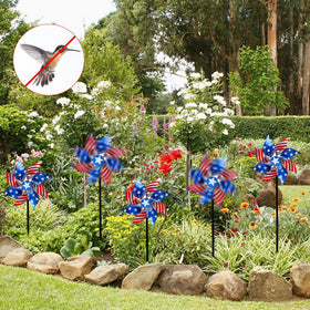 Hausse bird-repellent pinwheels rotating in breeze to protect crops.
