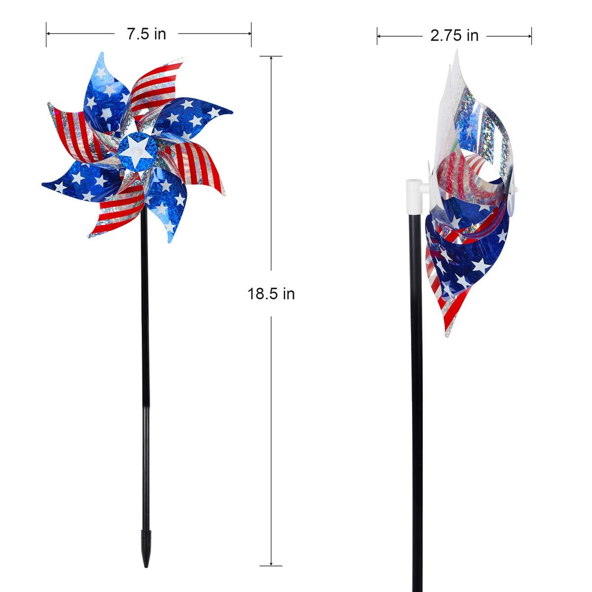 Hausse patriotic pinwheels designed for 4th of July with stake and bright reflections.
