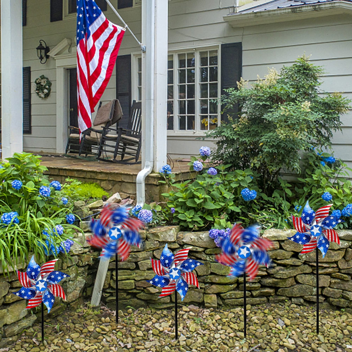 Hausse patriotic pinwheels on sticks brighten orchards and barns.