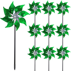 Hausse 10-pack green reflective pinwheels deterring birds in a sunlit garden