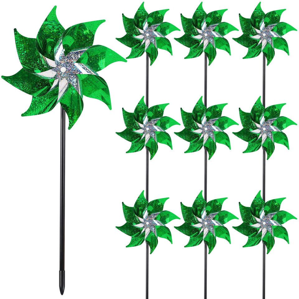 Hausse 10-pack green reflective pinwheels deterring birds in a sunlit garden