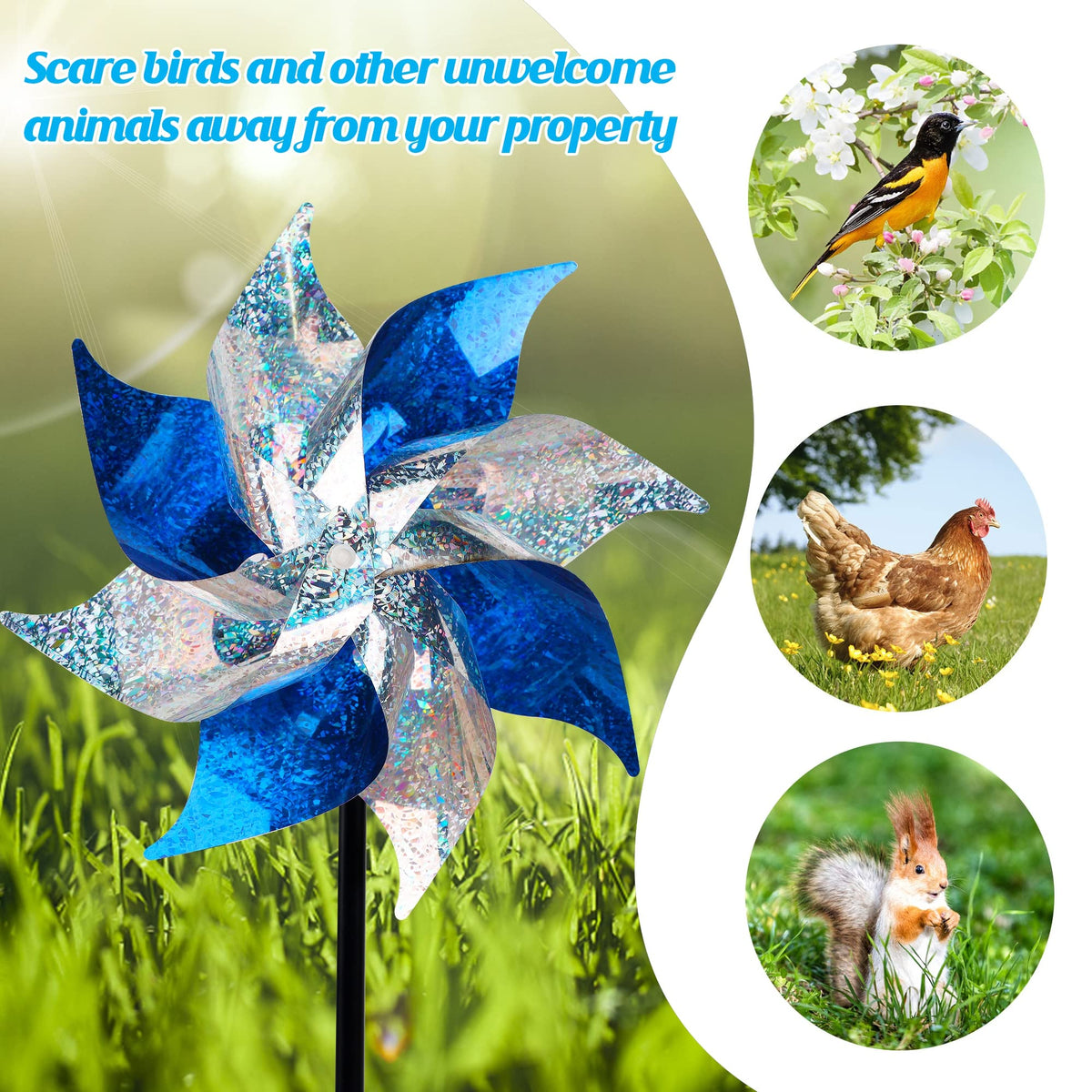 Hausse pinwheels suit farms, orchards, and yards to deter birds